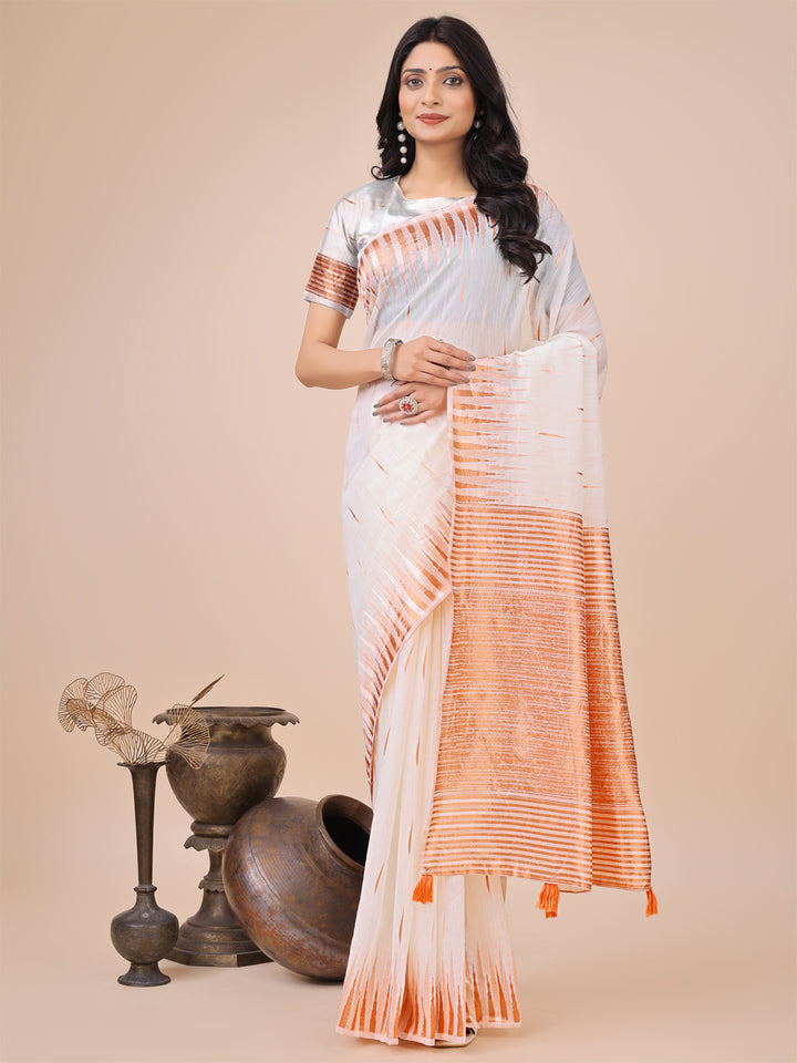 White Colour Linen Cotton Saree Printed work With Blouse Piece