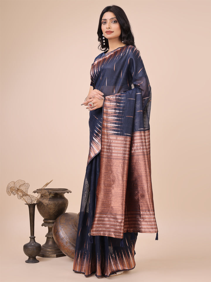 Navy Blue Colour Linen Cotton Saree Printed work With Blouse Piece