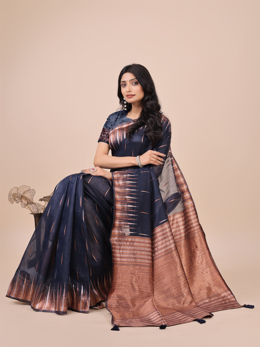Navy Blue Colour Linen Cotton Saree Printed work With Blouse Piece