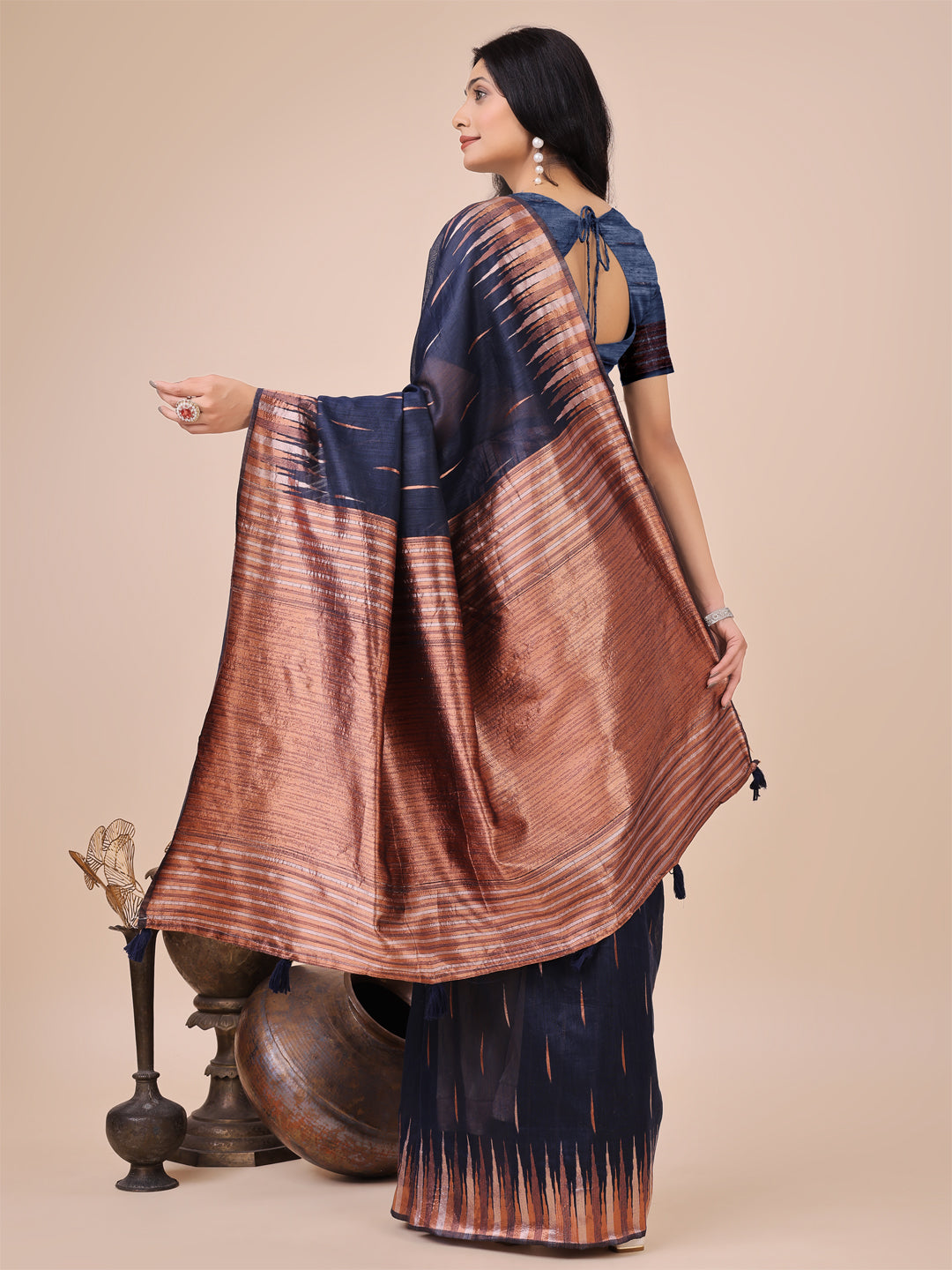 Navy Blue Colour Linen Cotton Saree Printed work With Blouse Piece