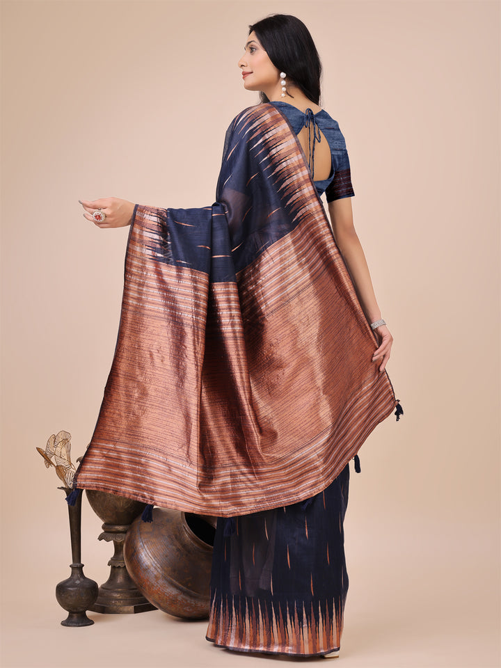 Navy Blue Colour Linen Cotton Saree Printed work With Blouse Piece