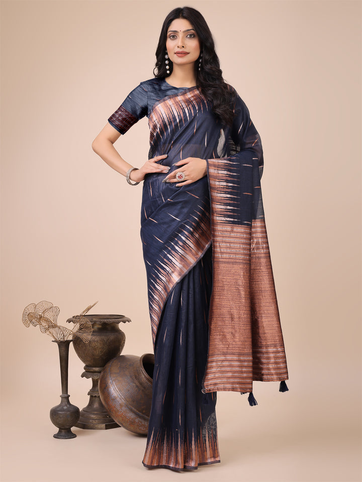 Navy Blue Colour Linen Cotton Saree Printed work With Blouse Piece