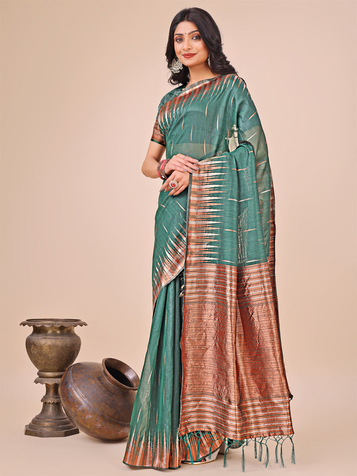 Green Colour Linen Cotton Saree Printed work With Blouse Piece