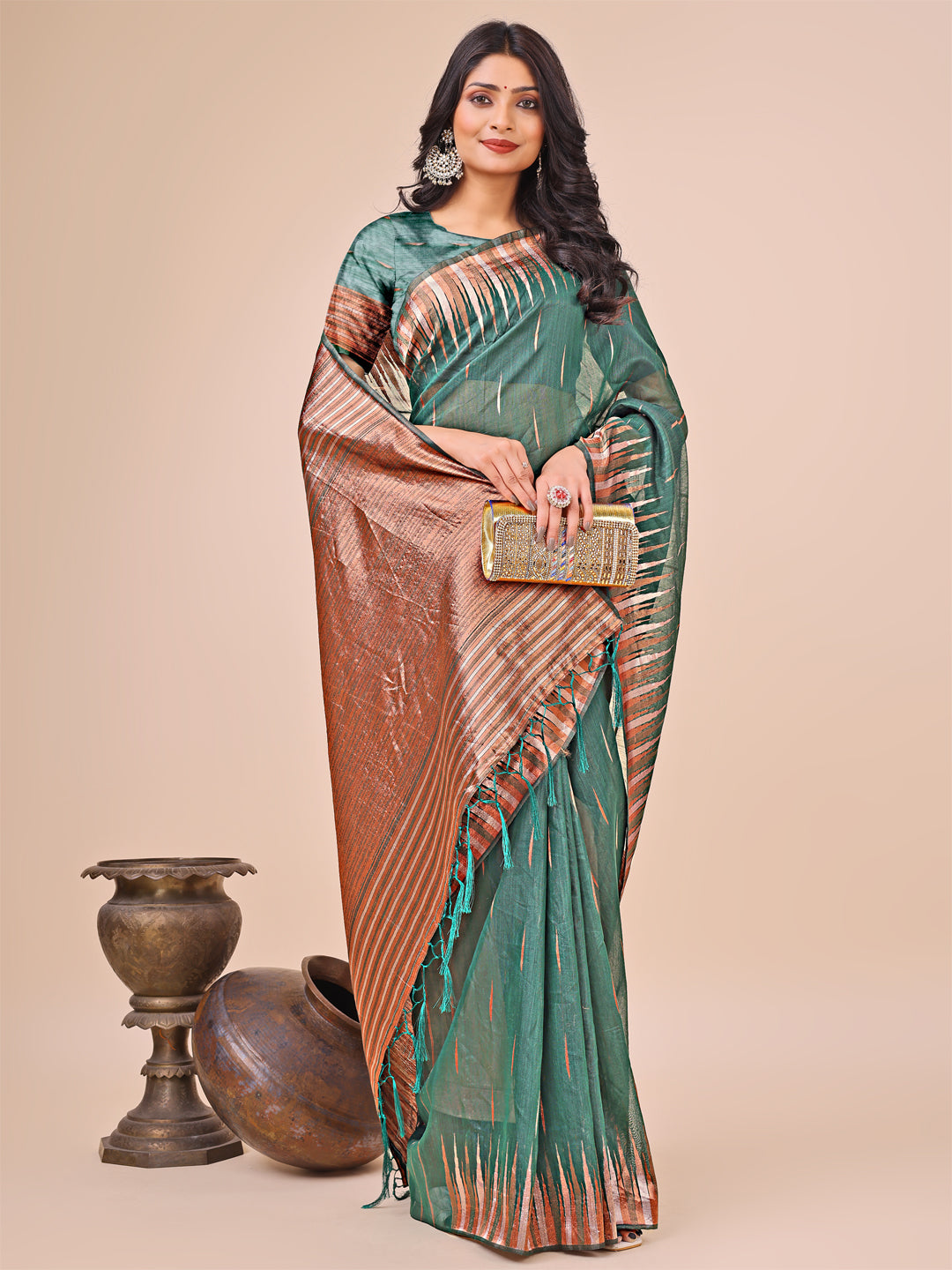 Green Colour Linen Cotton Saree Printed work With Blouse Piece