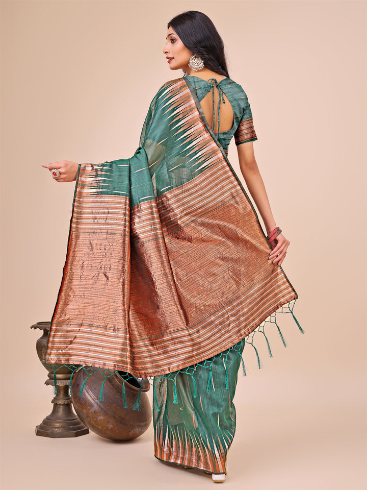 Green Colour Linen Cotton Saree Printed work With Blouse Piece