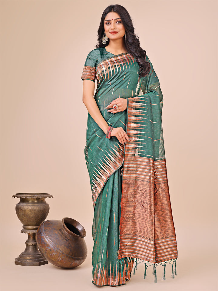 Green Colour Linen Cotton Saree Printed work With Blouse Piece