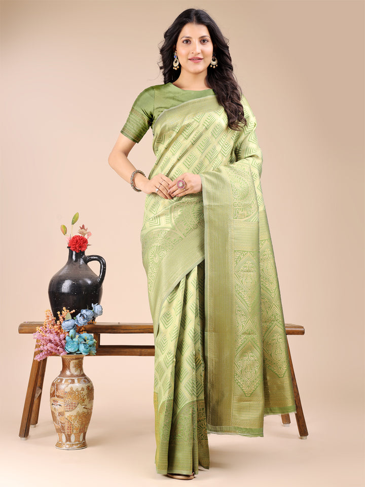 Light Green Colour Banarasi Silk Saree Weaving Work With Blouse Piece