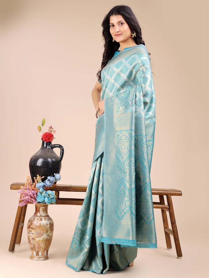 Sea Green Colour Banarasi Silk Saree Weaving Work With Blouse Piece