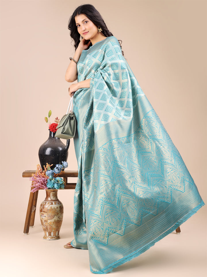 Sea Green Colour Banarasi Silk Saree Weaving Work With Blouse Piece