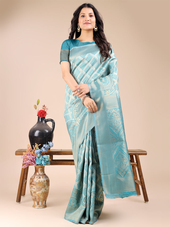 Sea Green Colour Banarasi Silk Saree Weaving Work With Blouse Piece