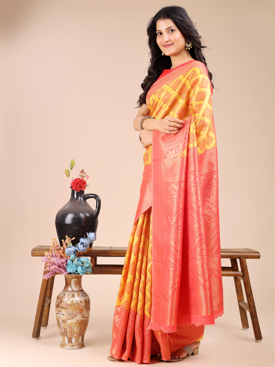 Yellow & Red Colour Banarasi Silk Saree Weaving Work With Blouse Piece