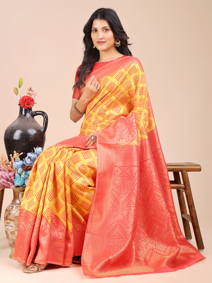 Yellow & Red Colour Banarasi Silk Saree Weaving Work With Blouse Piece