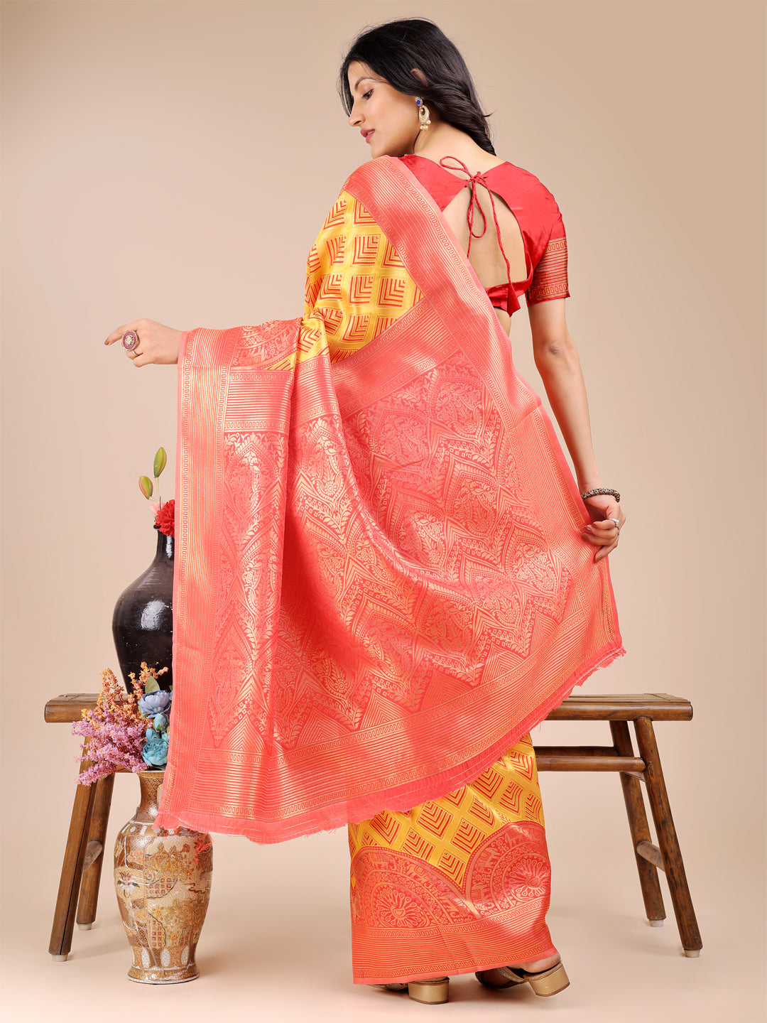 Yellow & Red Colour Banarasi Silk Saree Weaving Work With Blouse Piece