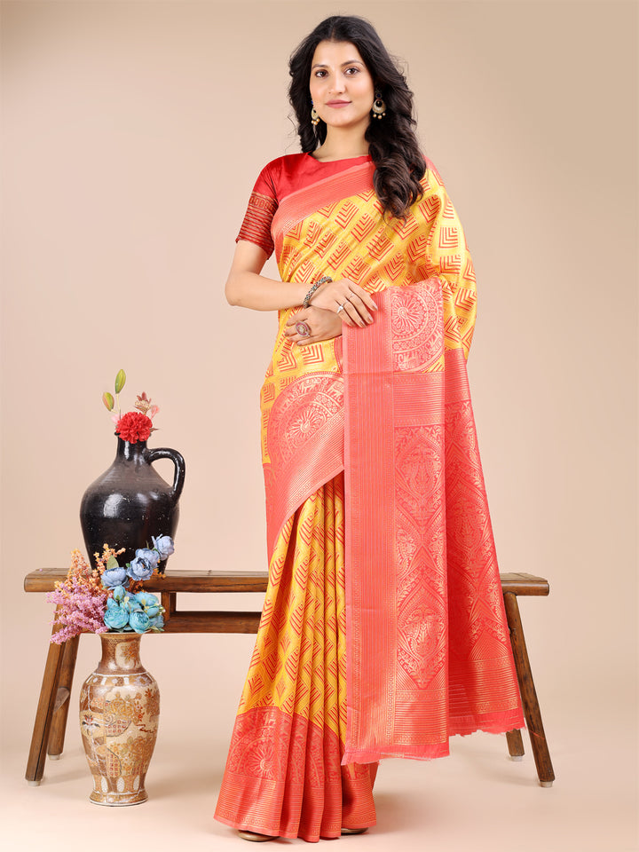 Yellow & Red Colour Banarasi Silk Saree Weaving Work With Blouse Piece