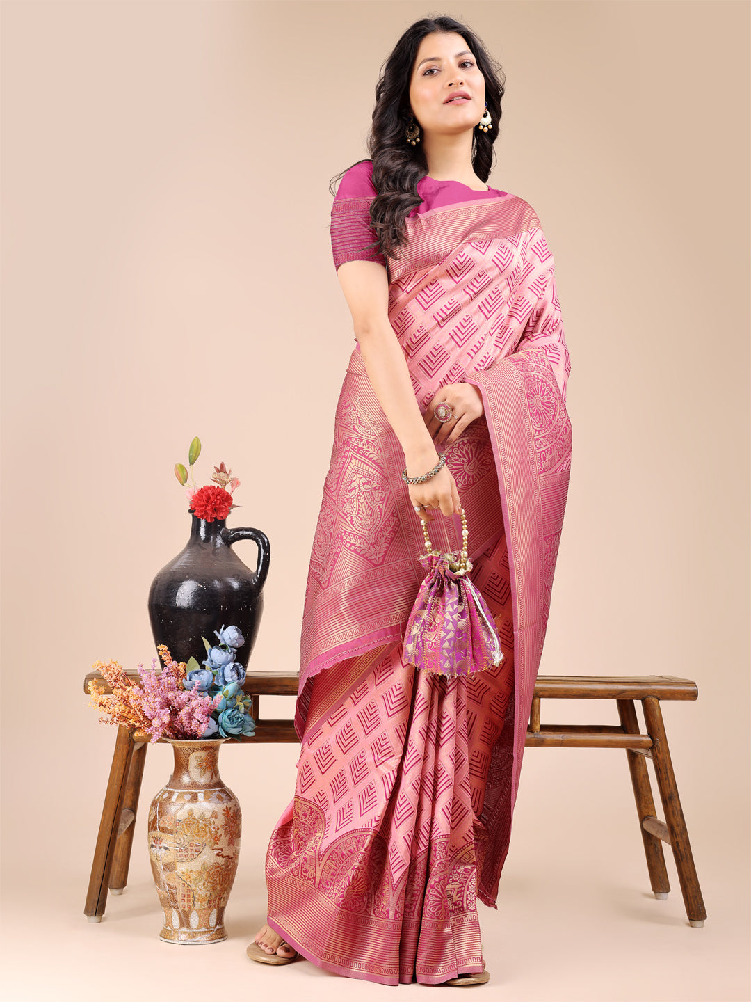Light Pink Colour Banarasi Silk Saree Weaving Work With Blouse Piece