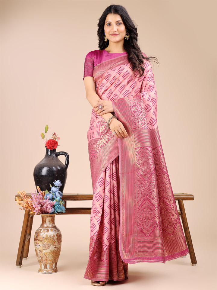 Light Pink Colour Banarasi Silk Saree Weaving Work With Blouse Piece