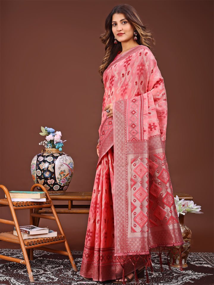 Peach Colour Linen Cotton Printed Work Saree With Blouse Piece