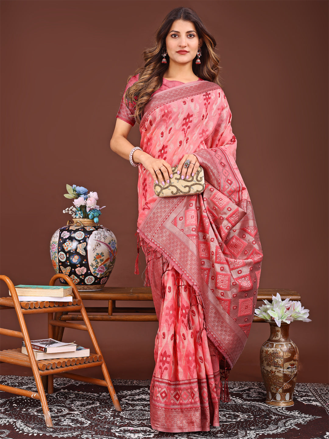 Peach Colour Linen Cotton Printed Work Saree With Blouse Piece