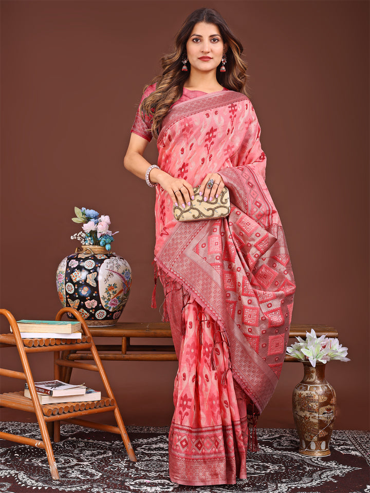 Peach Colour Linen Cotton Printed Work Saree With Blouse Piece