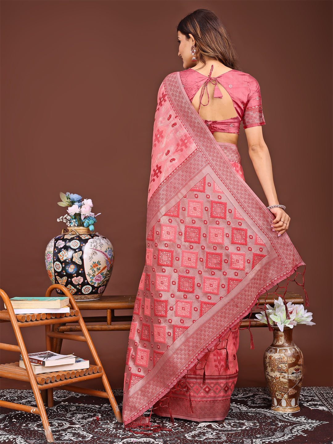 Peach Colour Linen Cotton Printed Work Saree With Blouse Piece
