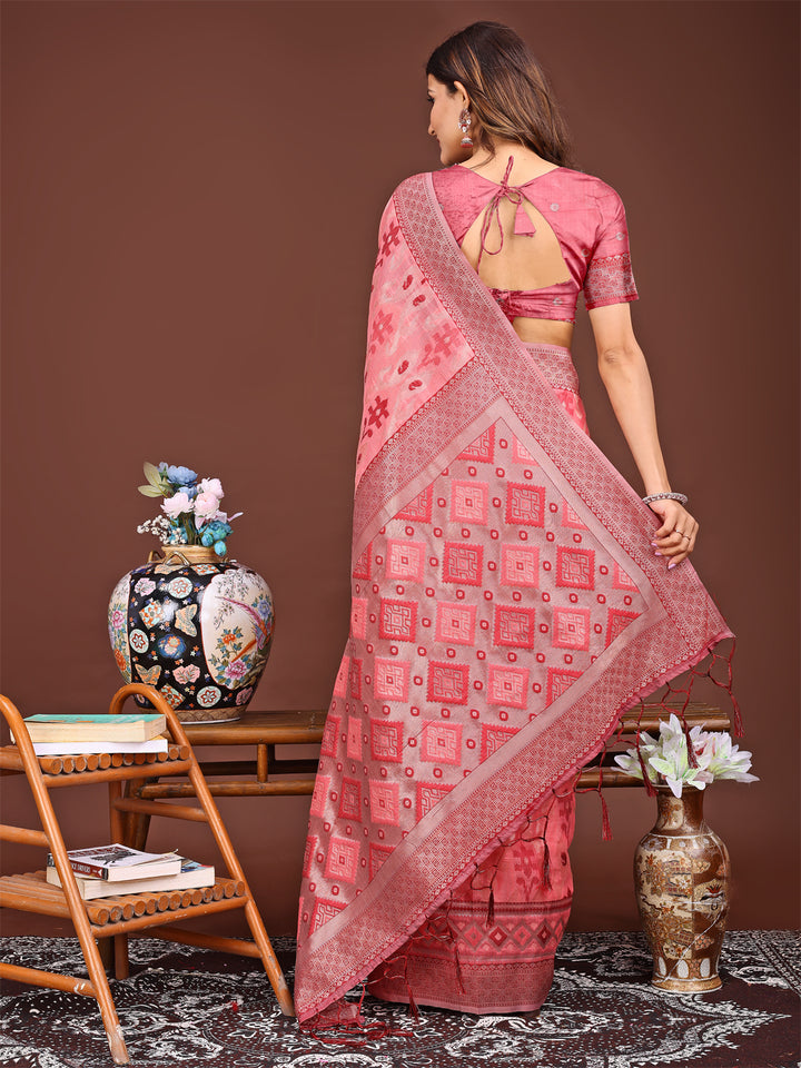 Peach Colour Linen Cotton Printed Work Saree With Blouse Piece