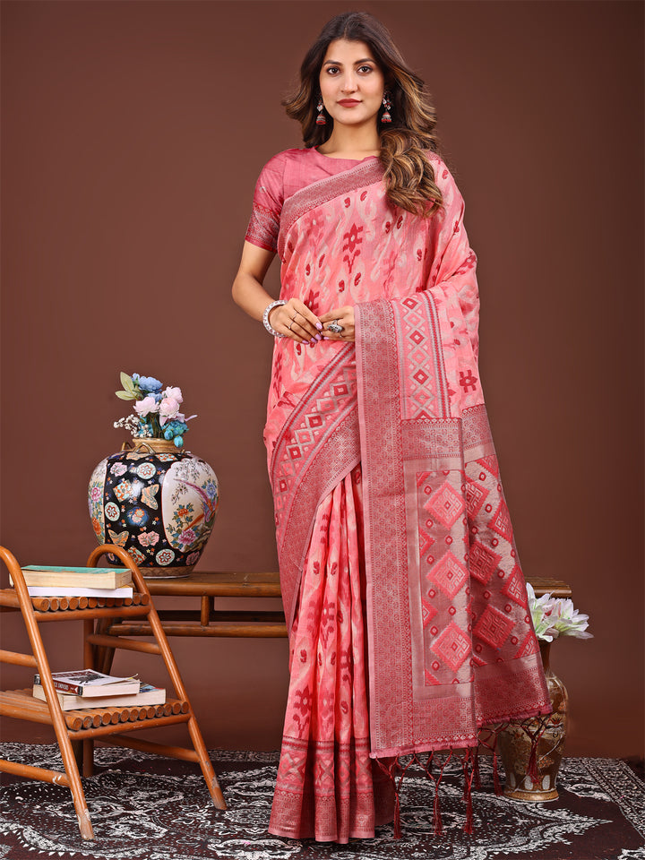 Peach Colour Linen Cotton Printed Work Saree With Blouse Piece