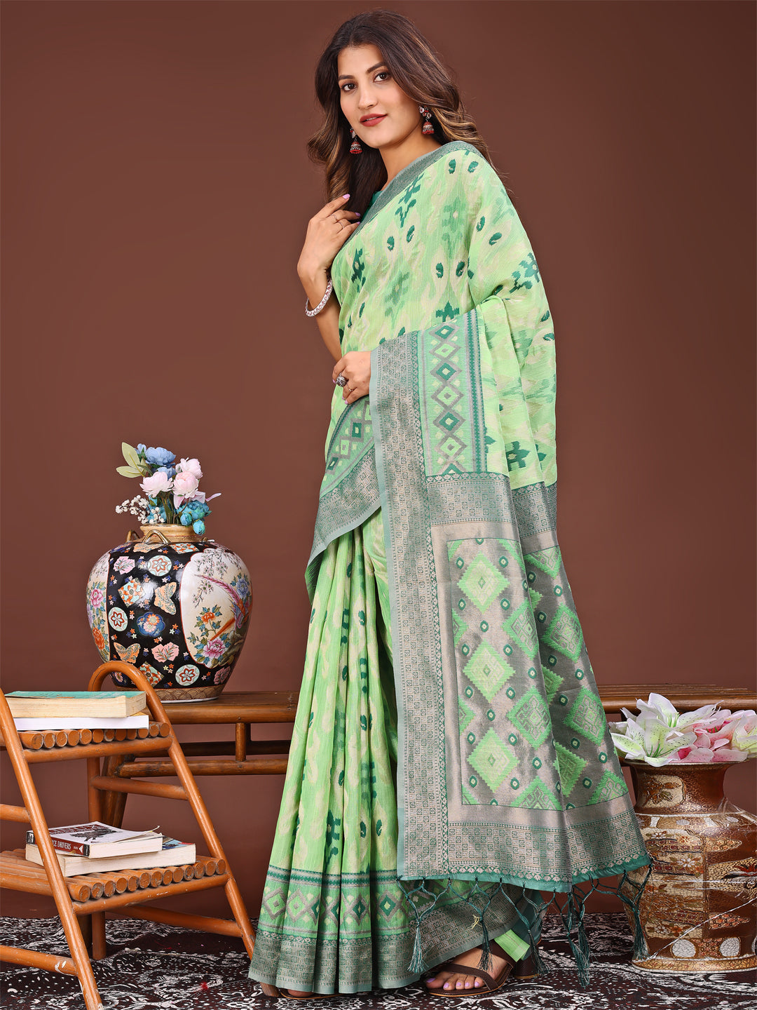 Light Green Colour Linen Cotton Printed Work Saree With Blouse Piece