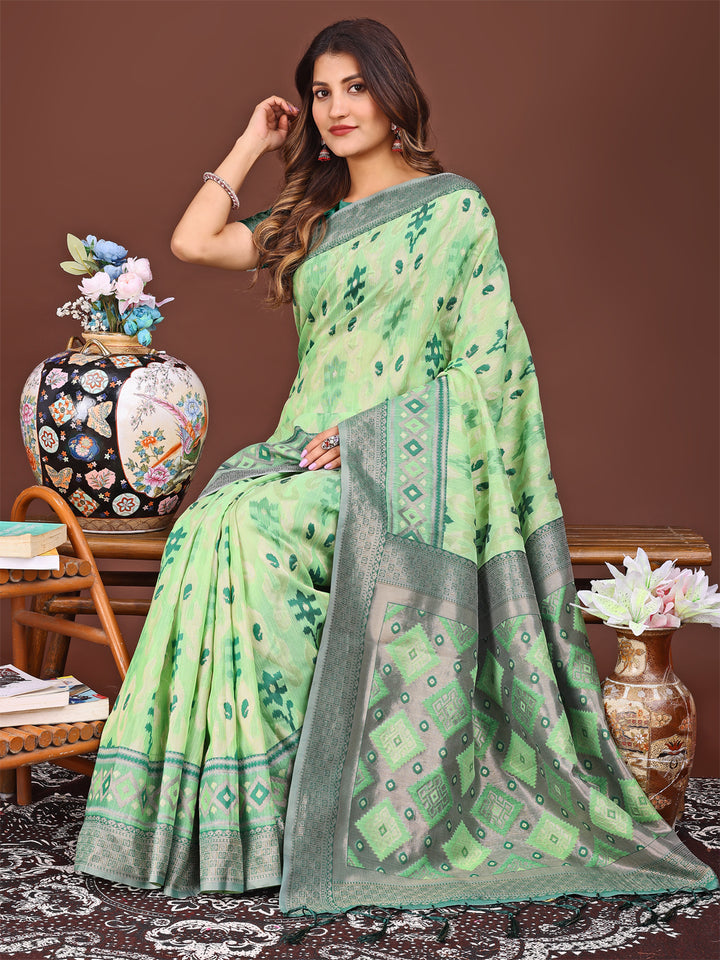 Light Green Colour Linen Cotton Printed Work Saree With Blouse Piece