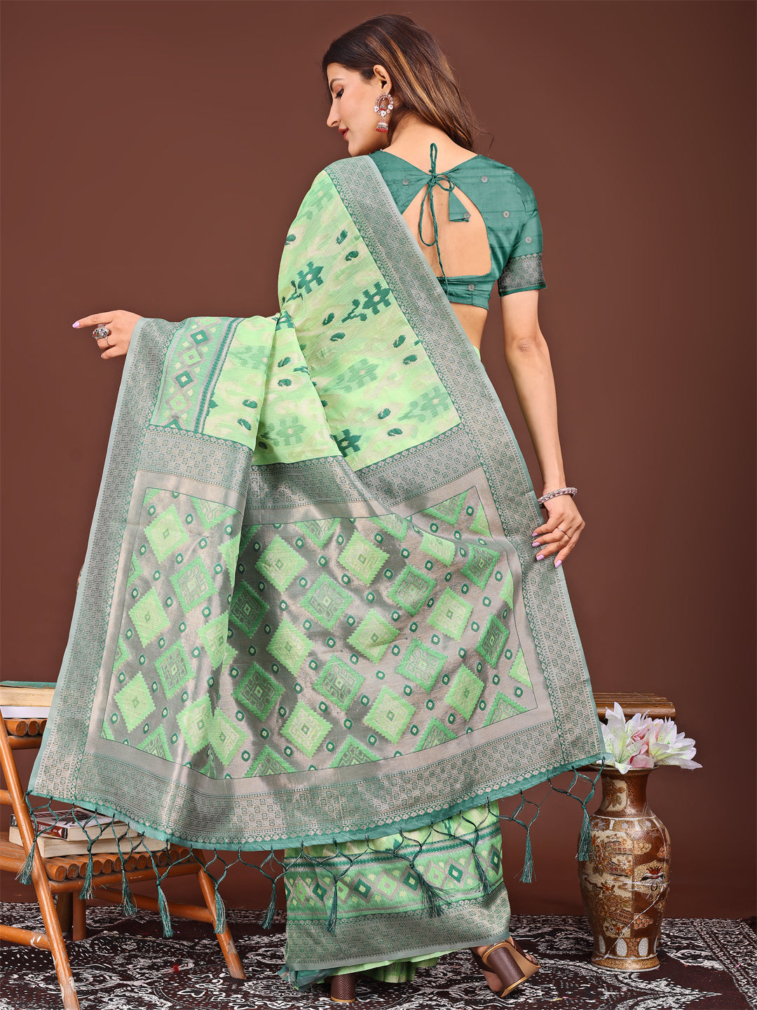 Light Green Colour Linen Cotton Printed Work Saree With Blouse Piece