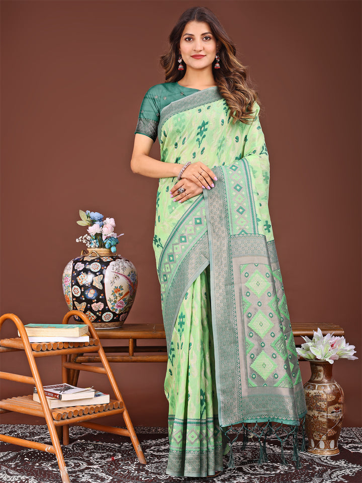 Light Green Colour Linen Cotton Printed Work Saree With Blouse Piece