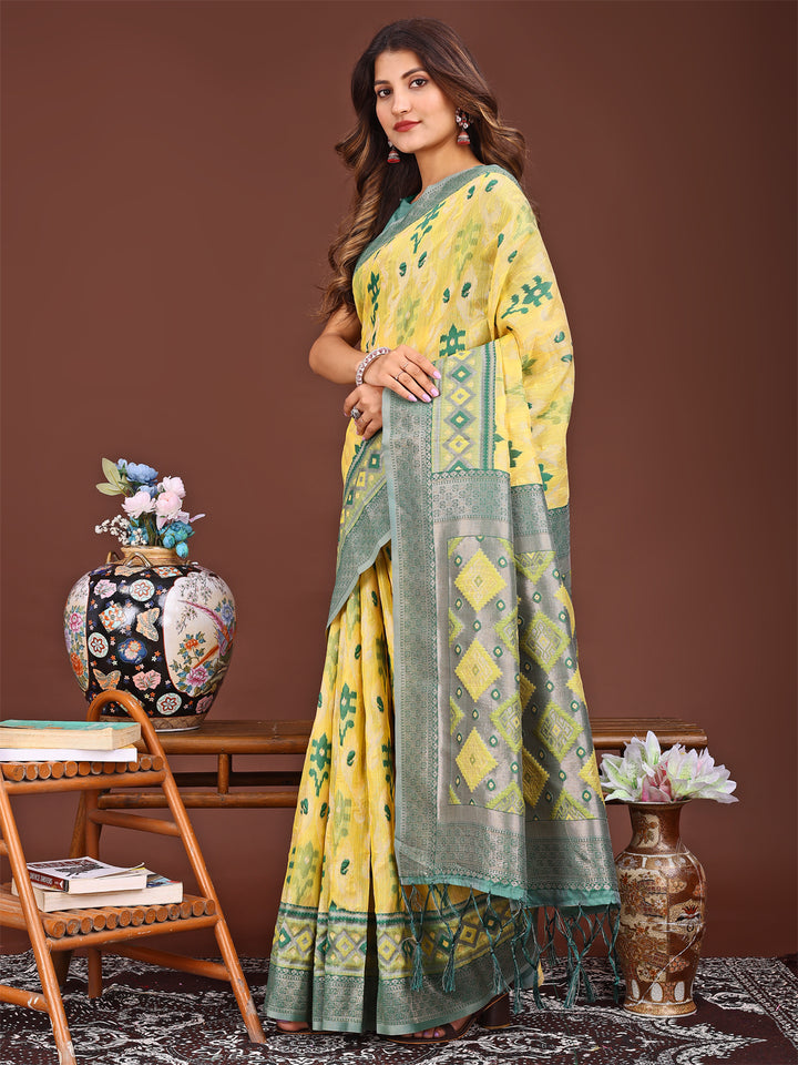 Yellow Colour Linen Cotton Printed Work Saree With Blouse Piece
