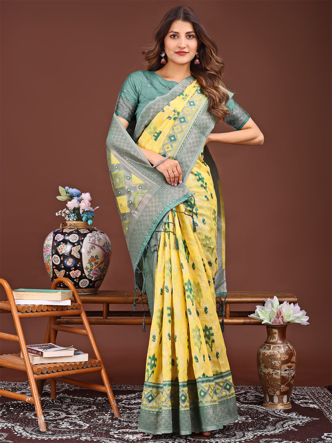 Yellow Colour Linen Cotton Printed Work Saree With Blouse Piece