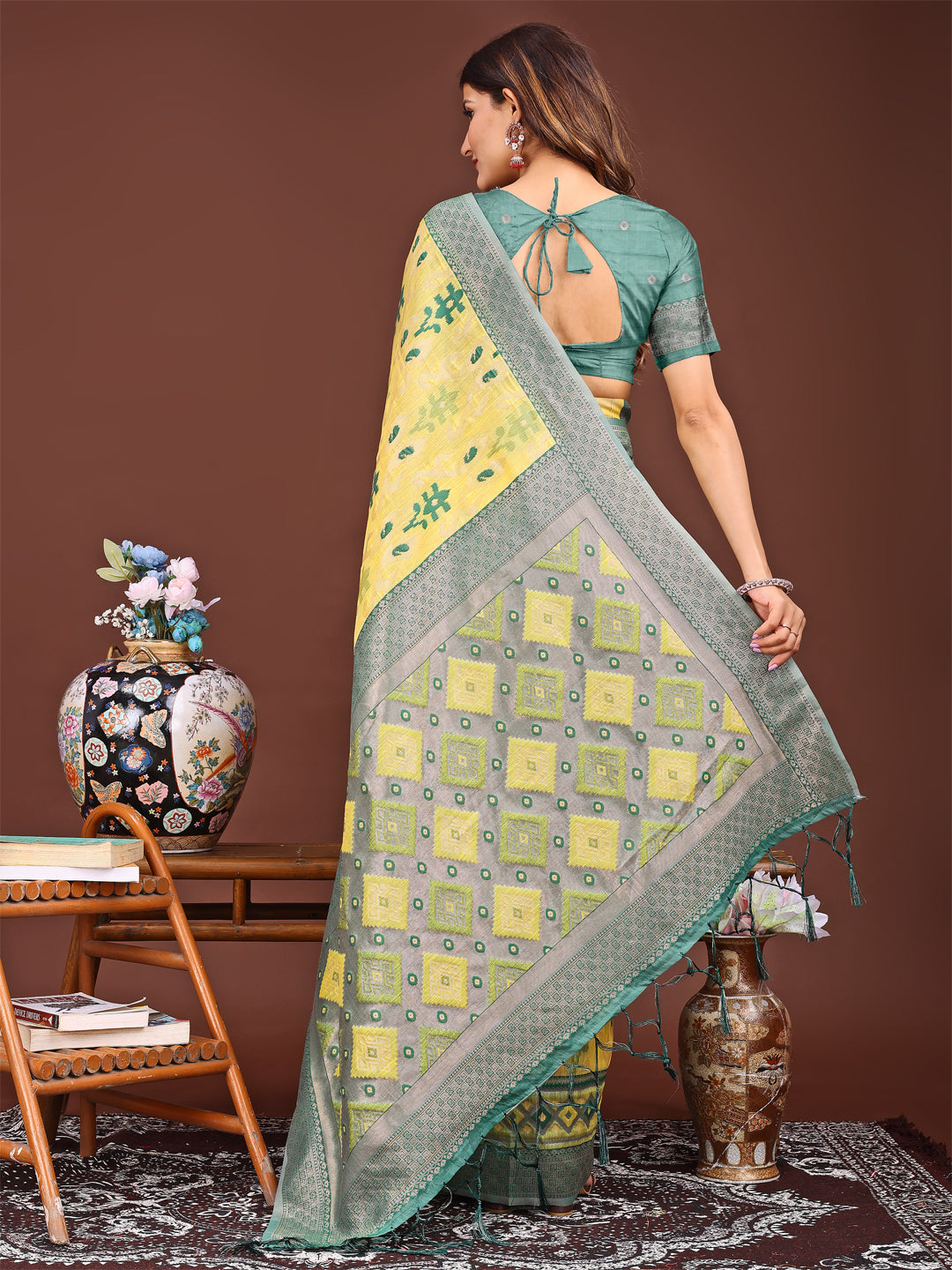 Yellow Colour Linen Cotton Printed Work Saree With Blouse Piece
