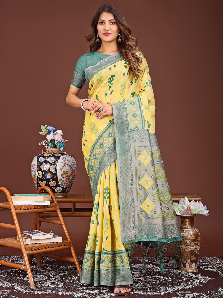 Yellow Colour Linen Cotton Printed Work Saree With Blouse Piece