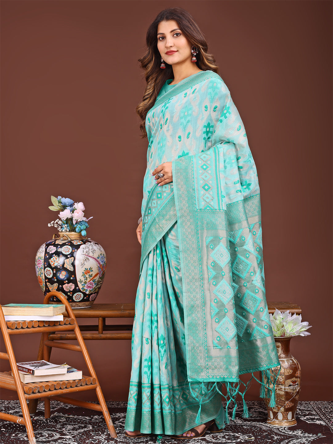 Sea Green Colour Linen Cotton Printed Work Saree With Blouse Piece