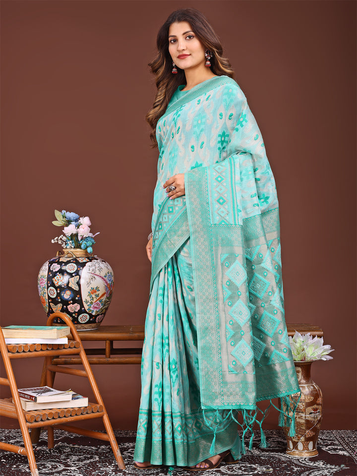 Sea Green Colour Linen Cotton Printed Work Saree With Blouse Piece