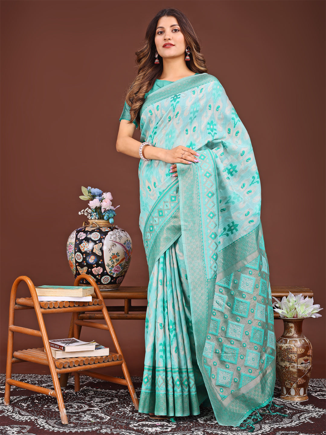 Sea Green Colour Linen Cotton Printed Work Saree With Blouse Piece