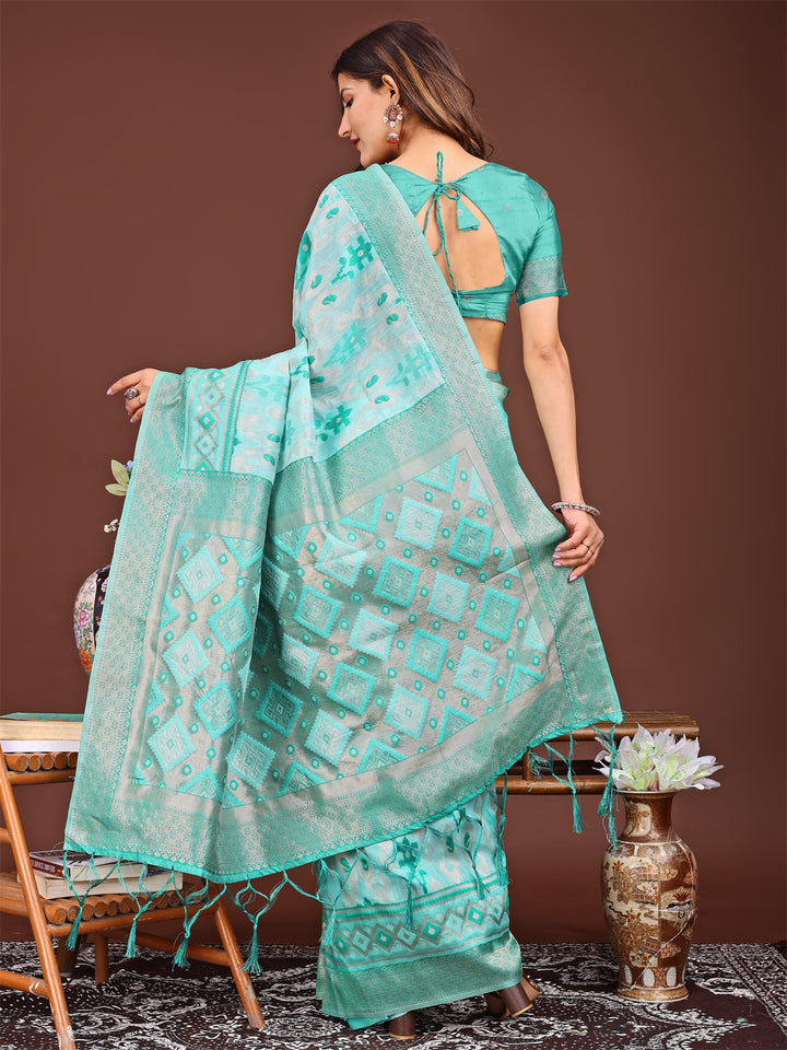 Sea Green Colour Linen Cotton Printed Work Saree With Blouse Piece