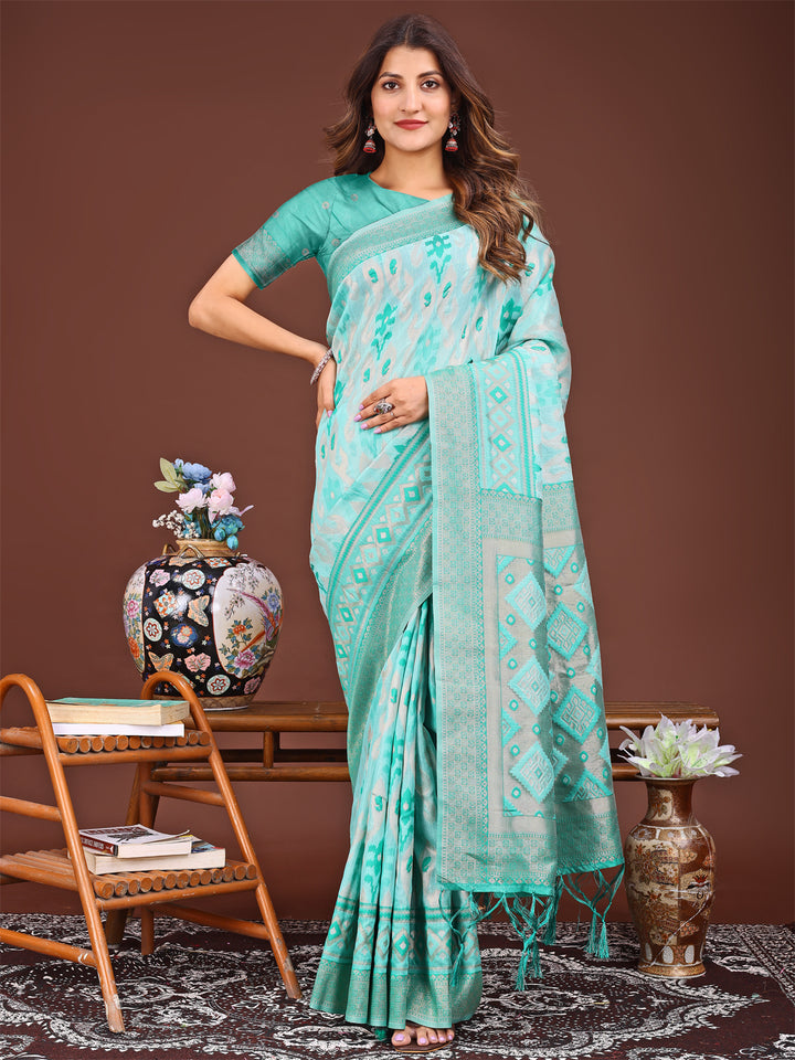 Sea Green Colour Linen Cotton Printed Work Saree With Blouse Piece