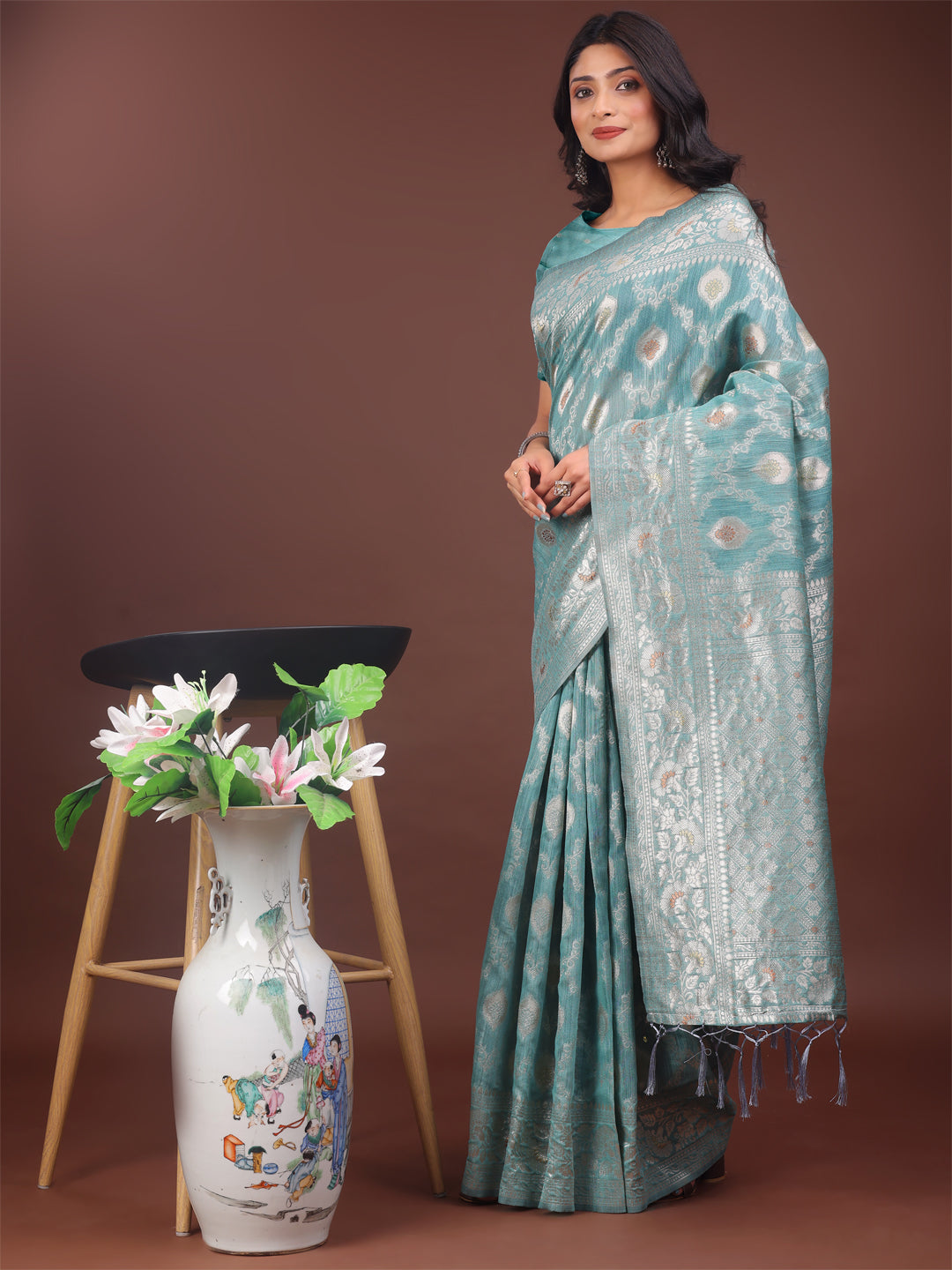 Sea Green Colour Linen Cotton Saree Printed Work With Blouse Piece
