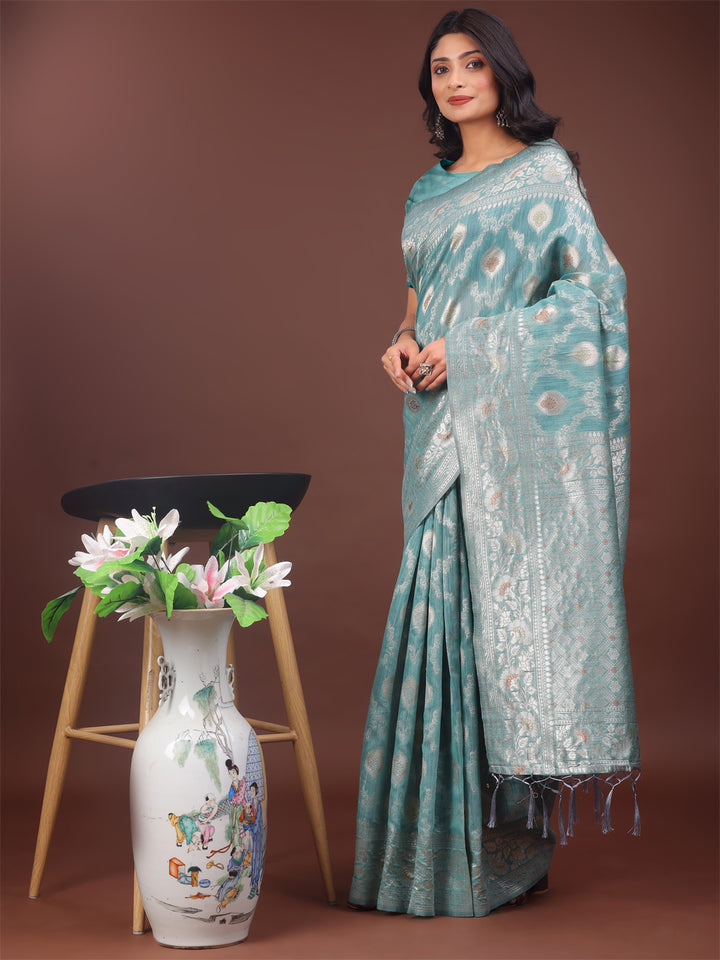 Sea Green Colour Linen Cotton Saree Printed Work With Blouse Piece