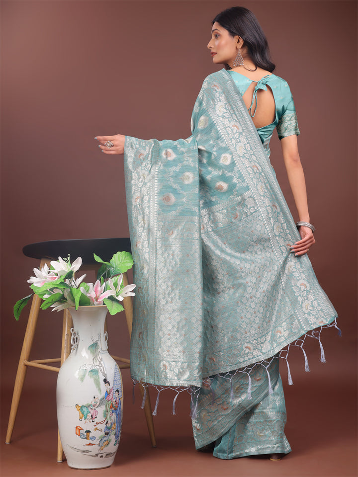 Sea Green Colour Linen Cotton Saree Printed Work With Blouse Piece