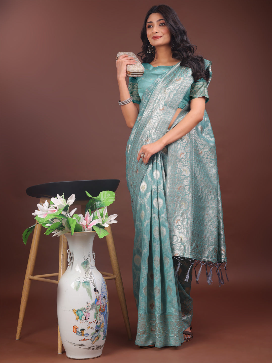 Sea Green Colour Linen Cotton Saree Printed Work With Blouse Piece