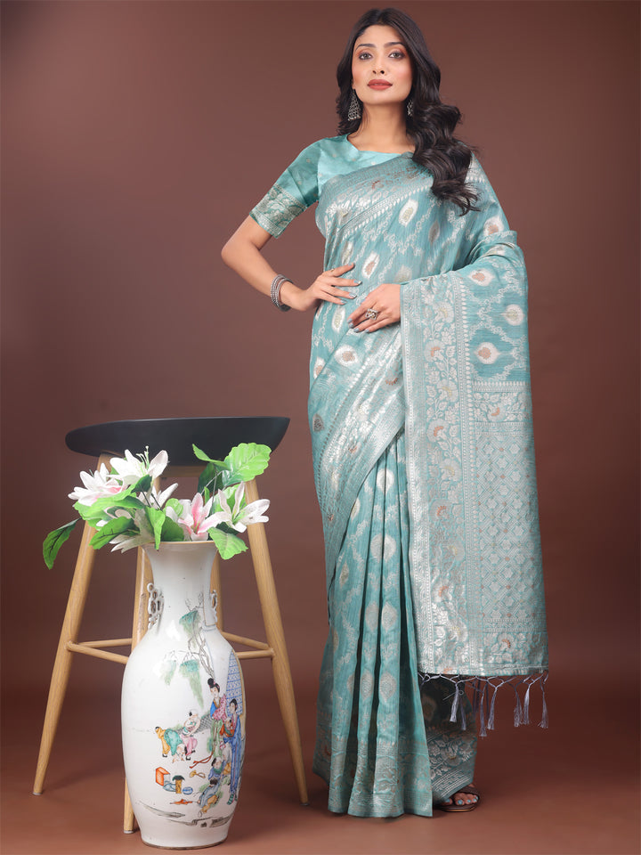 Sea Green Colour Linen Cotton Saree Printed Work With Blouse Piece