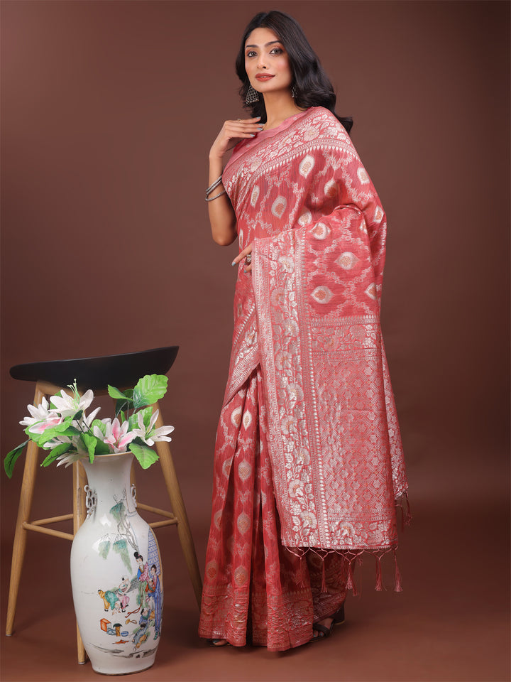 Peach Colour Linen Cotton Saree Printed Work With Blouse Piece