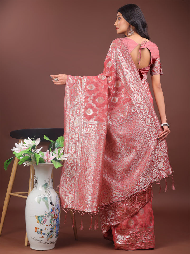 Peach Colour Linen Cotton Saree Printed Work With Blouse Piece