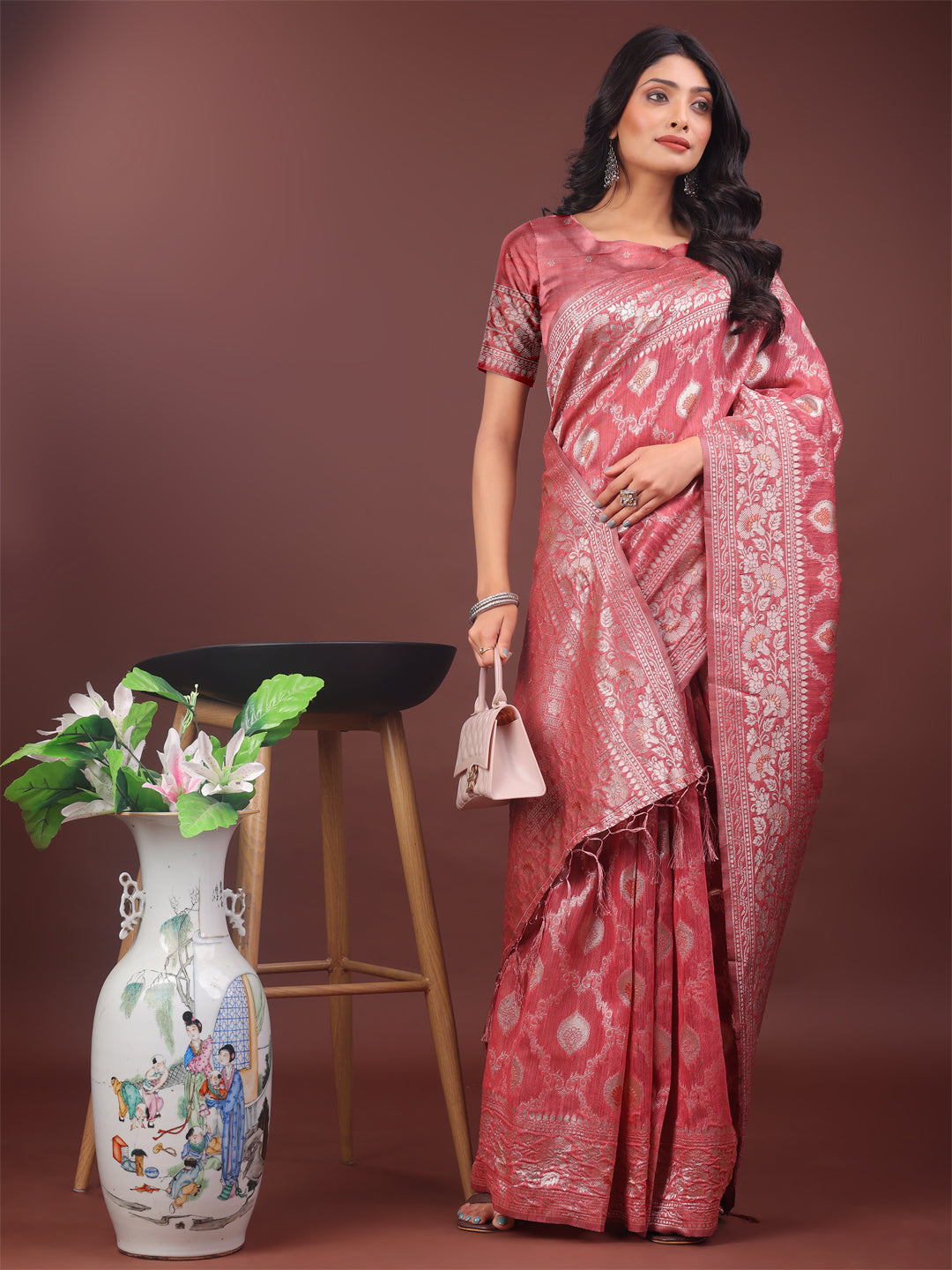 Peach Colour Linen Cotton Saree Printed Work With Blouse Piece