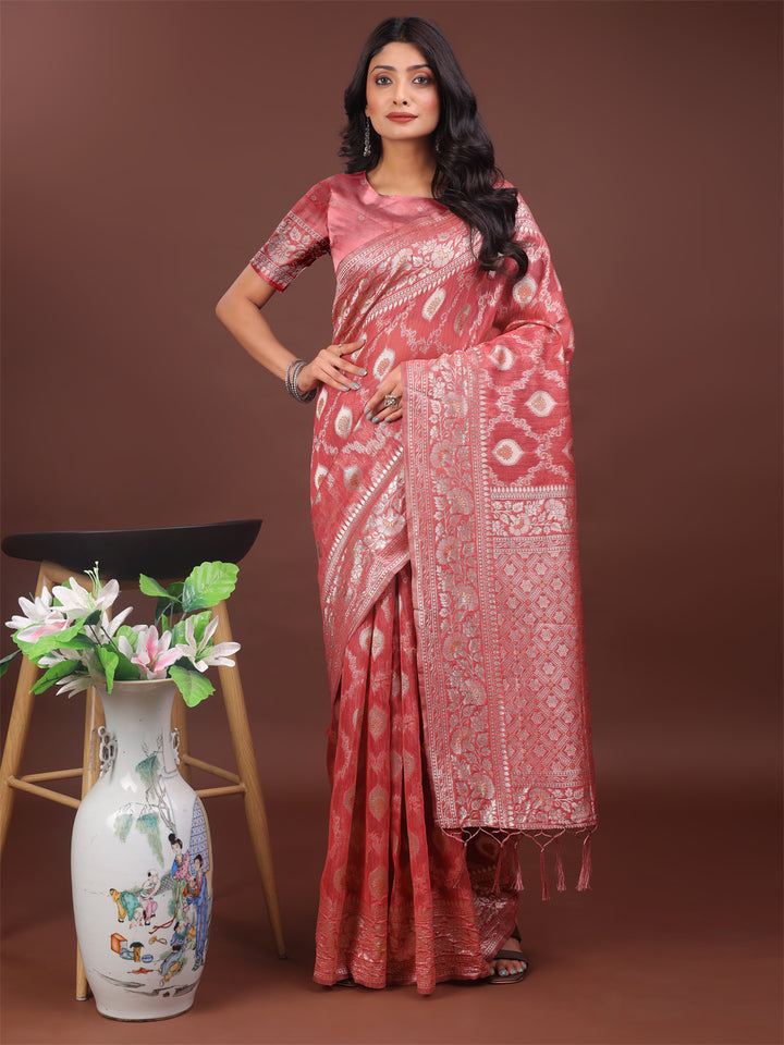 Peach Colour Linen Cotton Saree Printed Work With Blouse Piece
