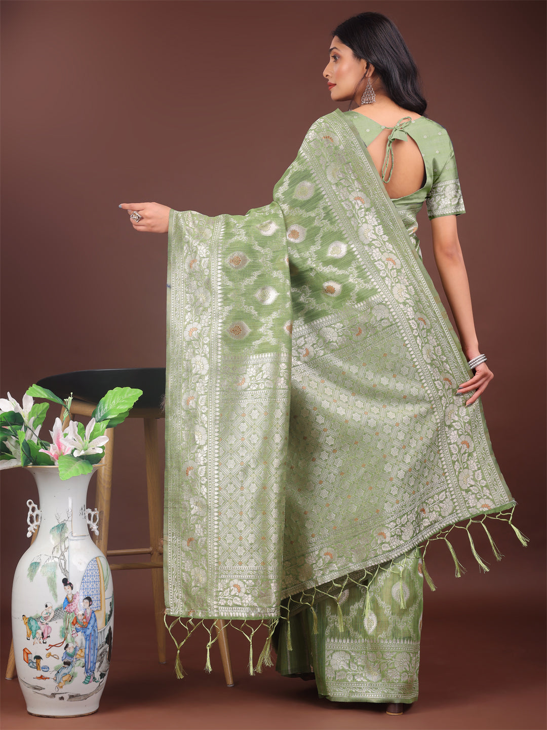Light Green Colour Linen Cotton Saree Printed Work With Blouse Piece