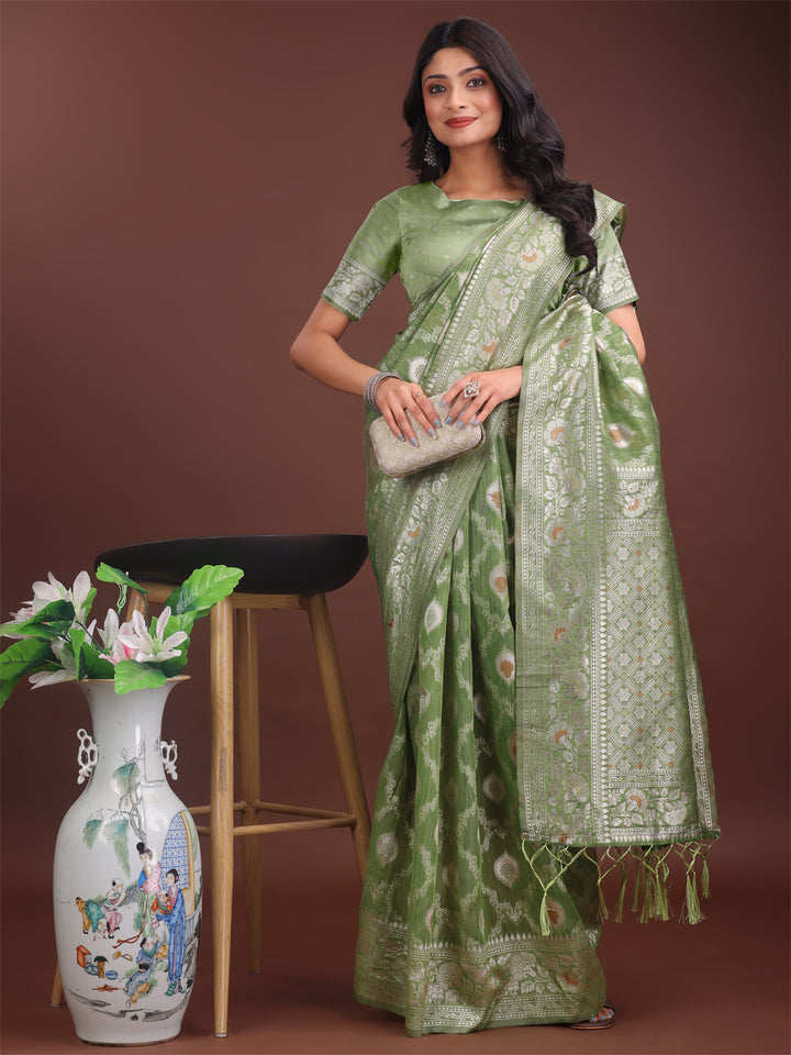 Light Green Colour Linen Cotton Saree Printed Work With Blouse Piece